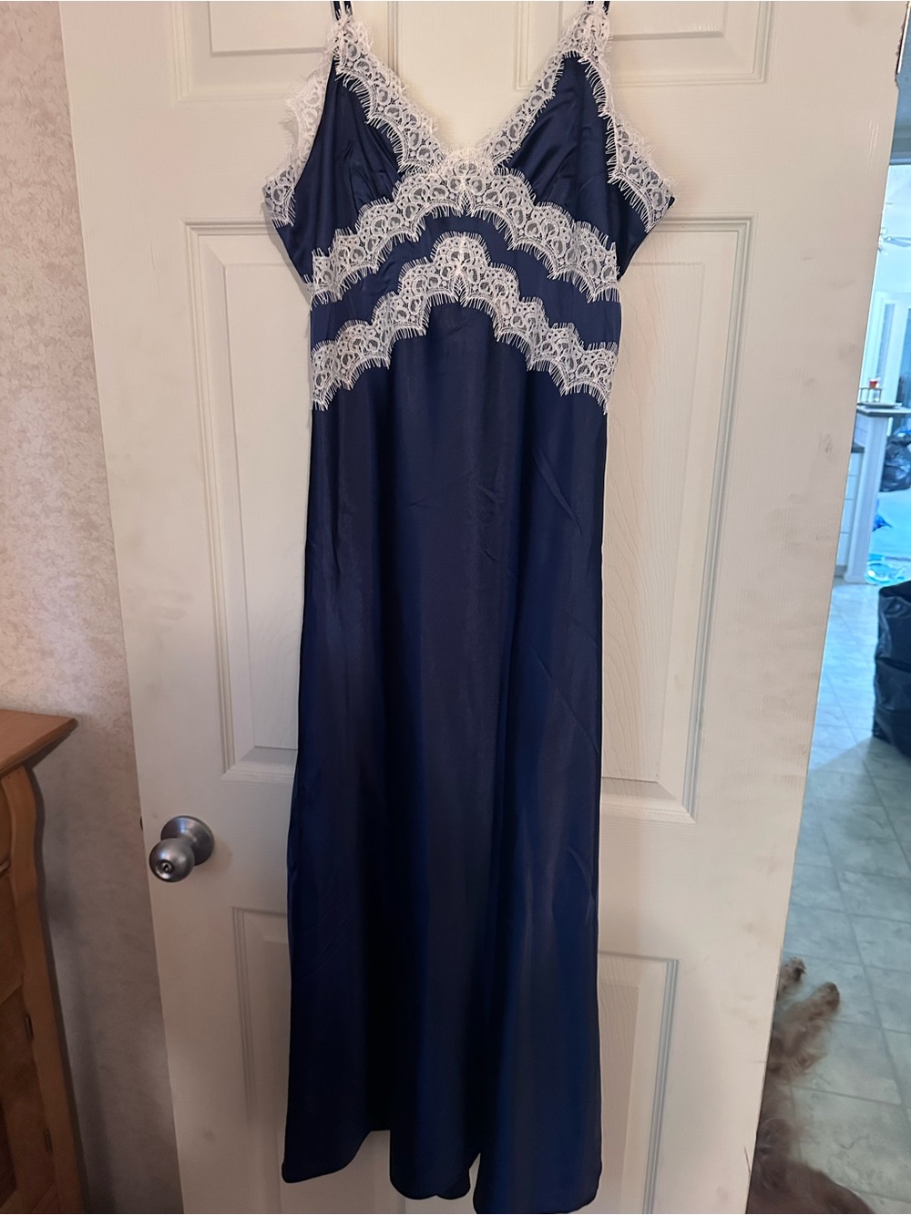 Navy Lace-Trim Slip Maxi Dress for Women